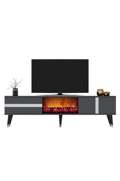 DEMONTE DECOR VANİA TV SEHPASI ŞÖMİNELİ (ALT MODÜL) ANTRASİT-GÜMÜŞ - Resim 3