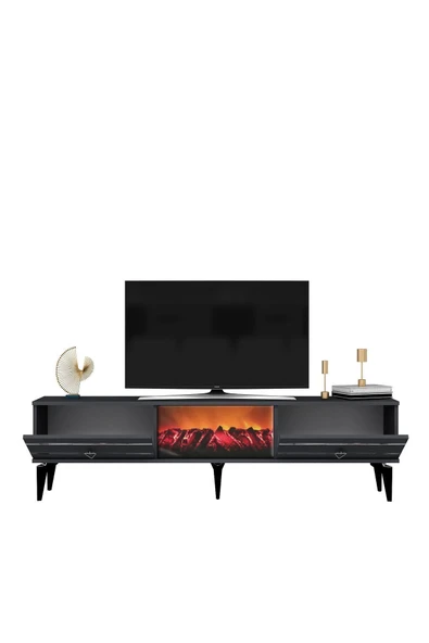 DEMONTE DECOR PELİN TV SEHPASI ŞÖMİNELİ ANTRASİT-GÜMÜŞ - Resim 5