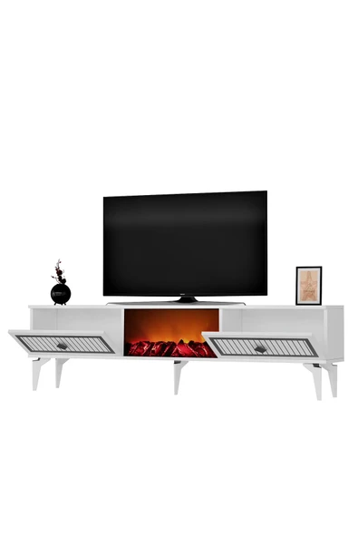 DEMONTE DECOR NİLL ŞÖMİNELİ TV SEHPASI BEYAZ-GÜMÜŞ - Resim 4