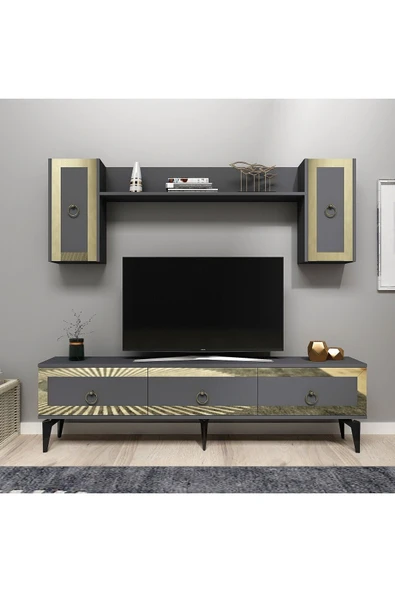 DEMONTE DECOR Ponny 180 Cm Tv Ünitesi Antrasit Altın ürün görseli