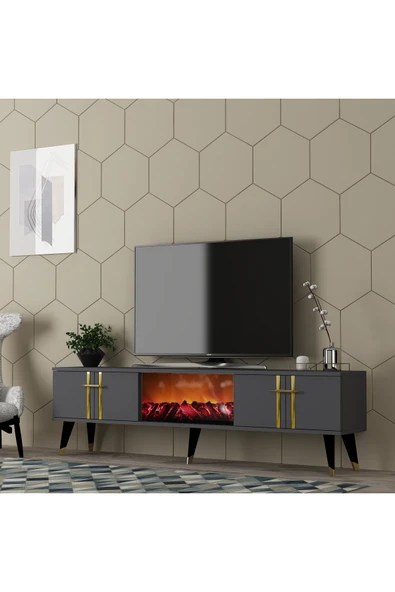 DEMONTE DECOR ASSEL  ŞÖMİNELİ TV SEHPASI (ALT MODÜL) ANTRASİT-ALTIN - Resim 2