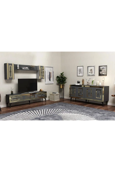 DEMONTE DECOR Karya 180 Cm Tv Ünitesi Ve Konsol 2'li Salon Takımı Antrasit-altın - 1
