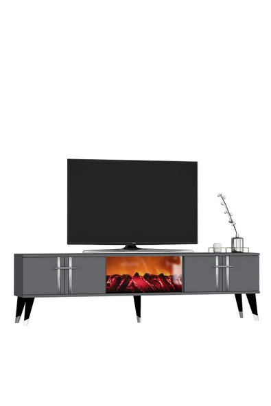 DEMONTE DECOR ASSEL  ŞÖMİNELİ TV SEHPASI (ALT MODÜL) ANTRASİT-GÜMÜŞ - Resim 5