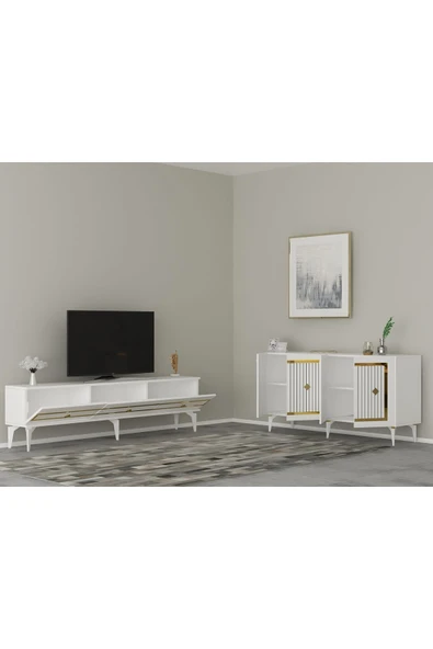 DEMONTE DECOR NOVVA TV SEHPASI (alt modül) ve KONSOL 2'Lİ SALON TAKIMI BEYAZ-ALTIN - Resim 2