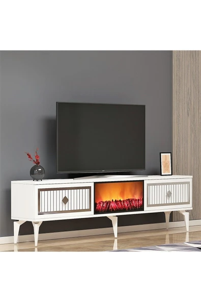 DEMONTE DECOR FLLAME ŞÖMİNELİ TV SEHPASI (ALT MODÜL) BEYAZ-GÜMÜŞ - 2