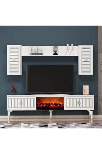 DEMONTE DECOR NİLL ŞÖMİNELİ TV  ÜNİTESİ TAKIMI BEYAZ -GÜMÜŞ - 1