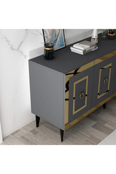 DEMONTE DECOR Karya 180 Cm Tv Ünitesi Ve Konsol 2'li Salon Takımı Antrasit-altın - 4
