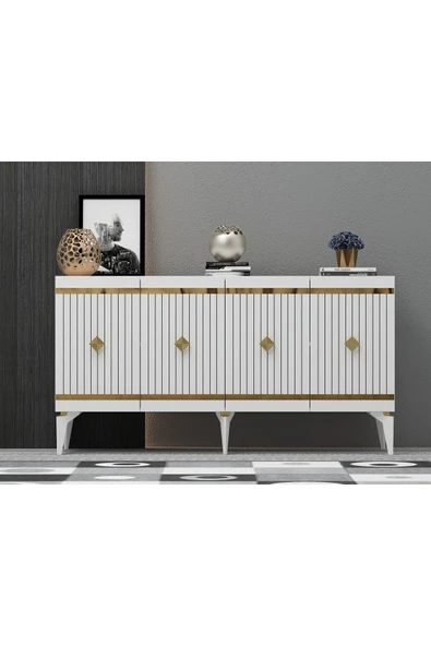 DEMONTE DECOR LENNORA TV SEHPASI (alt modül) ve KONSOL 2'Lİ SALON TAKIMI BEYAZ-ALTIN - Resim 4