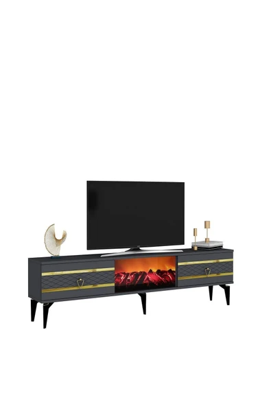 DEMONTE DECOR PELİN TV SEHPASI ŞÖMİNELİ ANTRASİT-ALTIN - Resim 4