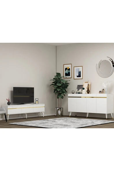 DEMONTE DECOR DEFFNE TV SEHPASI ve KONSOL 2'Lİ SALON TAKIMI BEYAZ-ALTIN ürün görseli
