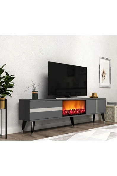 DEMONTE DECOR VANİA TV SEHPASI ŞÖMİNELİ (ALT MODÜL) ANTRASİT-GÜMÜŞ - Resim 2