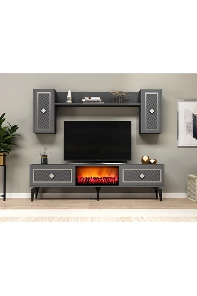 DEMONTE DECOR HERRY TV ÜNİTESİ ŞÖMİNELİ TAKIM ANTRASİT-GÜMÜŞ ürün görseli 1
