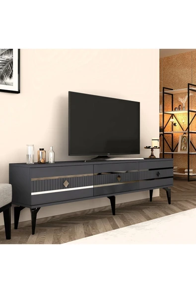 DEMONTE DECOR LENNORA 180 CM  TV SEHPASI (ALT MODÜL) ANTRASİT-GÜMÜŞ - Resim 2