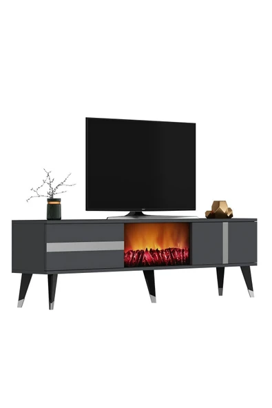 DEMONTE DECOR VANİA TV SEHPASI ŞÖMİNELİ (ALT MODÜL) ANTRASİT-GÜMÜŞ - Resim 6