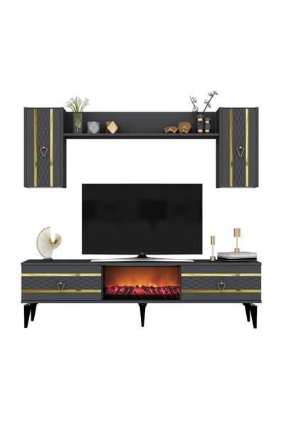 DEMONTE DECOR PELİN TV ÜNİTESİ TAKIMI ŞÖMİNELİ ANTRASİT-ALTIN - 3