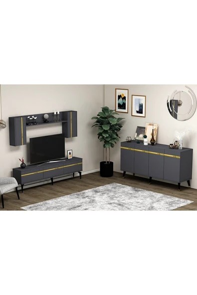 DEMONTE DECOR Deffne 180 Cm Tv Ünitesi Ve Konsol 2'li Salon Takımı Antrasit-altın ürün görseli