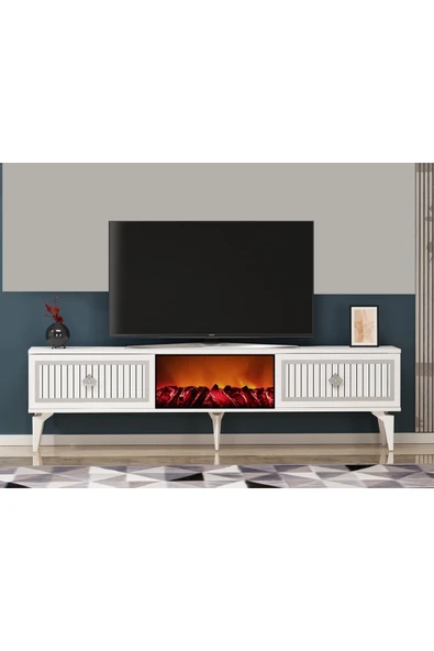 DEMONTE DECOR NİLL ŞÖMİNELİ TV SEHPASI BEYAZ-GÜMÜŞ ürün görseli 1