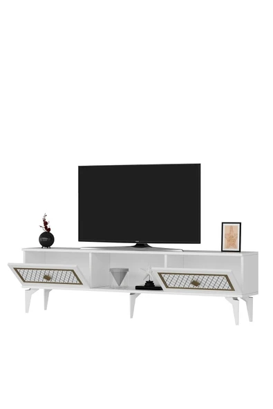 DEMONTE DECOR 2 Kapaklı, Raflı Herry Tv Sehpası Alt Modül Beyaz-altın - Resim 5