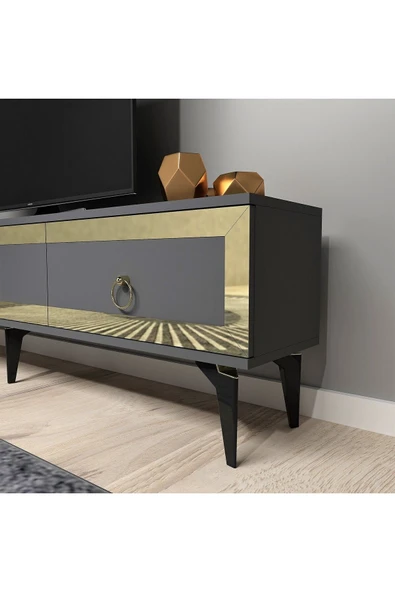 DEMONTE DECOR Ponny 180 Cm Tv Sehpası Antrasit Altın - Resim 3