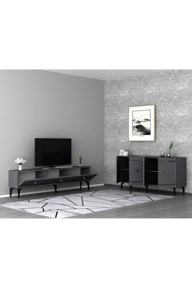 DEMONTE DECOR LENNORA TV SEHPASI (alt modül) ve KONSOL 2'Lİ SALON TAKIMI ANTRASİT-GÜMÜŞ - Resim 2