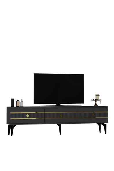 DEMONTE DECOR LENNORA 180 CM  TV SEHPASI (ALT MODÜL) ANTRASİT-ALTIN - Resim 4