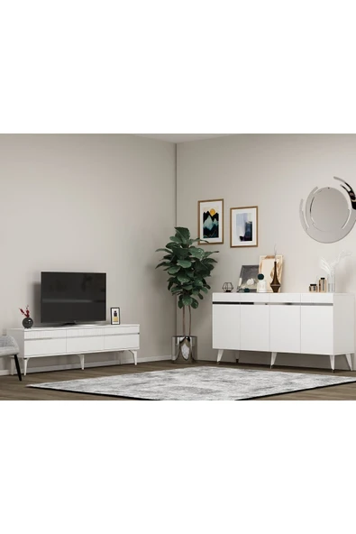 DEMONTE DECOR DEFFNE TV SEHPASI ve KONSOL 2'Lİ SALON TAKIMI BEYAZ-GÜMÜŞ - 1