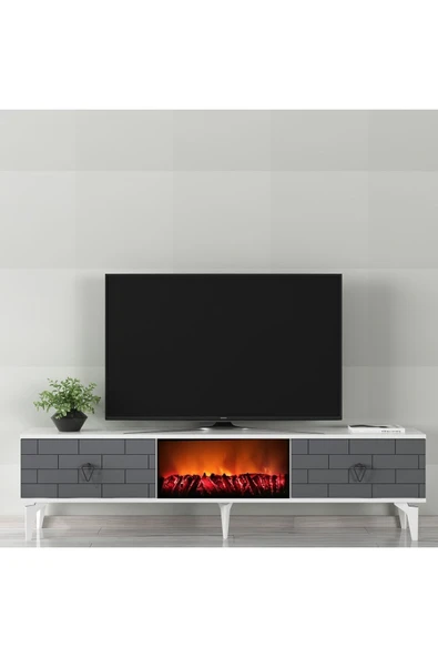 DEMONTE DECOR VARNA TV SEHPASI ŞÖMİNELİ (ALT MODÜL ) BEYAZ ANTRASİT - 1