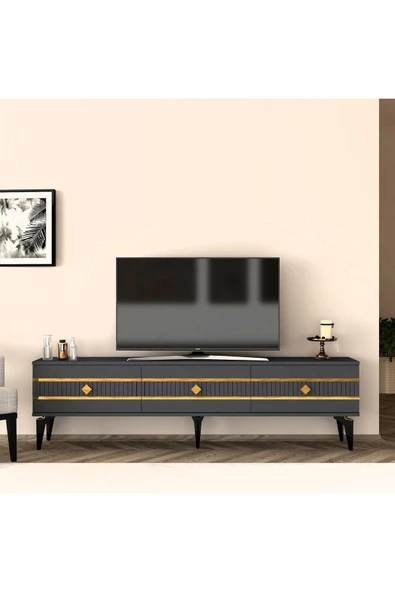 DEMONTE DECOR LENNORA 180 CM  TV SEHPASI (ALT MODÜL) ANTRASİT-ALTIN ürün görseli