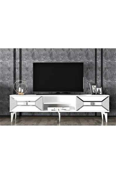 DEMONTE DECOR 2 Raflı, 2 Kapaklı Yumedi Tv Sehpası (ALT MODÜL) Beyaz-gümüş - Resim 3