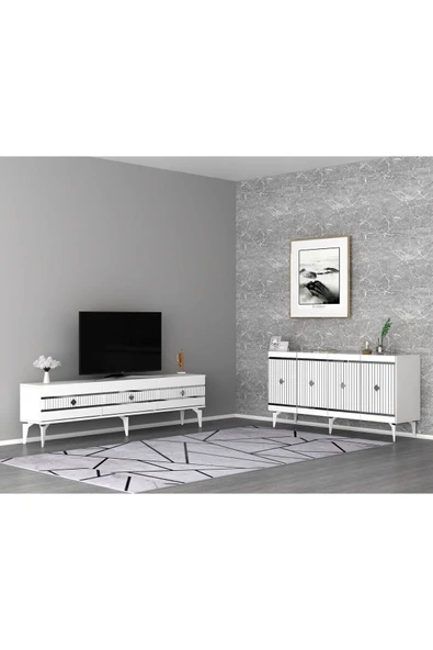 DEMONTE DECOR LENNORA TV SEHPASI (alt modül) ve KONSOL 2'Lİ SALON TAKIMI BEYAZ-GÜMÜŞ ürün görseli 1