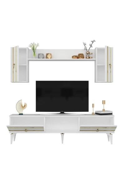 DEMONTE DECOR PELİN TV ÜNİTESİ ve KONSOL 2'Lİ SALON TAKIMI BEYAZ-ALTIN - 5