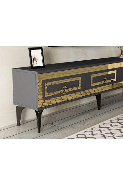 DEMONTE DECOR Karya 180 Cm Tv Ünitesi Antrasit Altın - 3