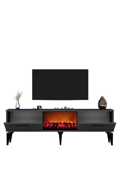 DemonteDekor SHUMEN ŞÖMİNELİ TV SEHPASI ANTRASİT-GÜMÜŞ - Resim 3