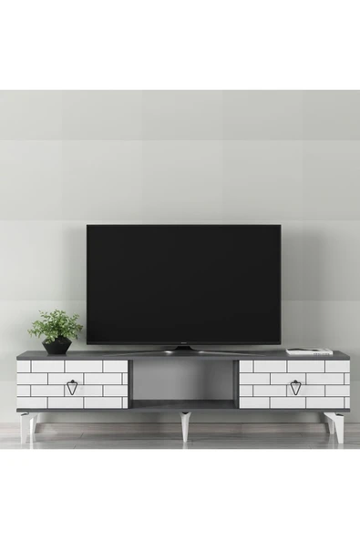 DEMONTE DECOR 2 Kapaklı, Raflı Varna Tv Sehpası Alt Modül Beyaz-antrasit - 1