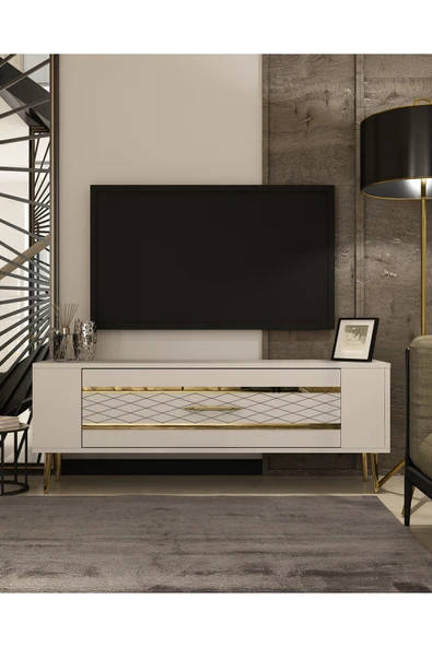 DEMONTE DECOR RETROLP2DD TV SEHPASI BEYAZ-ALTIN - 1