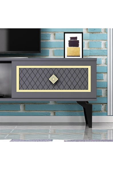 DEMONTE DECOR 2 Kapaklı, Raflı Herry Tv Sehpası Alt Modül Antrasit-altın - Resim 3