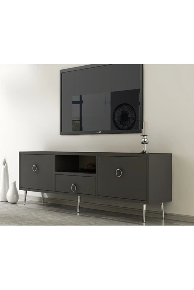 DEMONTE DECOR 2 Kapaklı, Raflı Ve Çekmeceli Drop Tv Ünitesi Antrasit-Gümüş - Resim 2