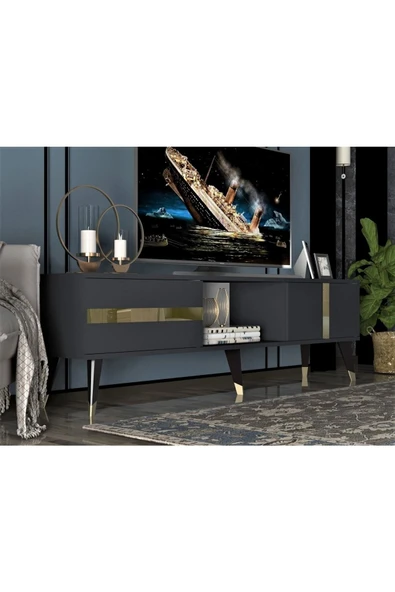 DEMONTE DECOR Vania Tv Sehpası Antrasit-altın - Resim 2