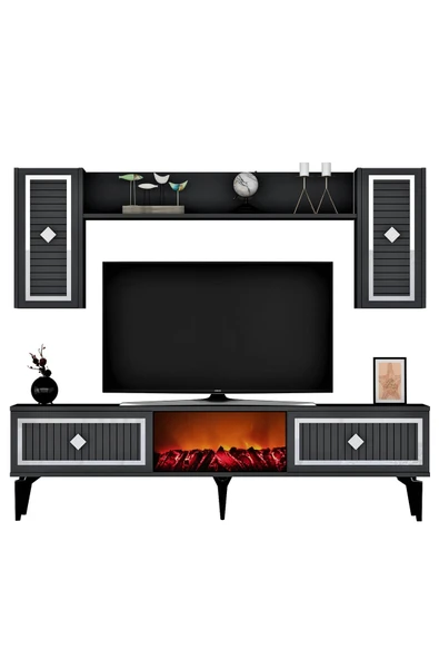 DEMONTE DECOR NİLL ŞÖMİNELİ TV ÜNİTESİ TAKIMI ANTRASİT GÜMÜŞ - 2