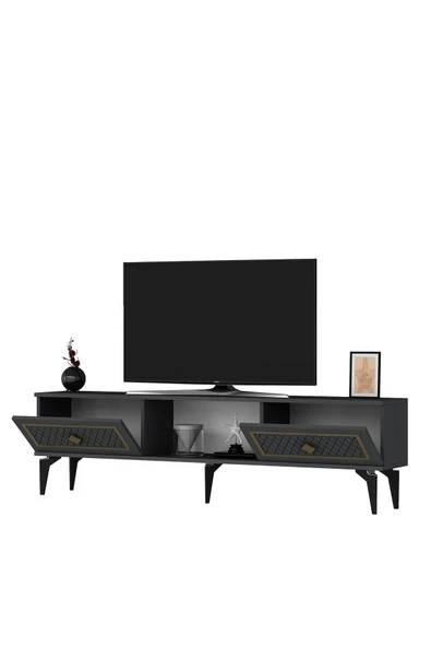 DEMONTE DECOR 2 Kapaklı, Raflı Herry Tv Sehpası Alt Modül Antrasit-altın - Resim 5