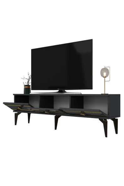 DEMONTE DECOR LENNORA 180 CM  TV SEHPASI (ALT MODÜL) ANTRASİT-ALTIN - Resim 5