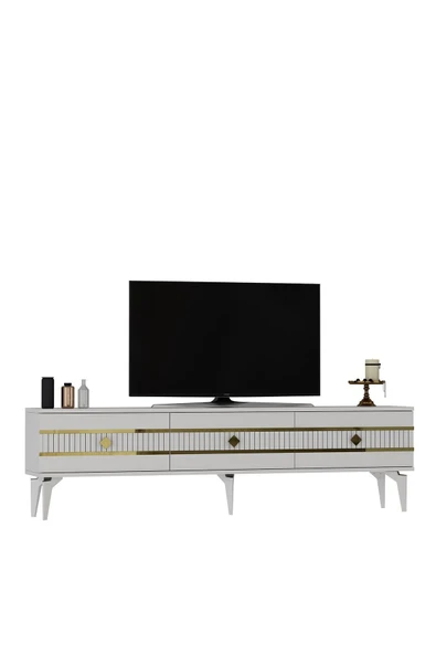 DEMONTE DECOR LENNORA TV SEHPASI (alt modül) ve KONSOL 2'Lİ SALON TAKIMI BEYAZ-ALTIN - Resim 6
