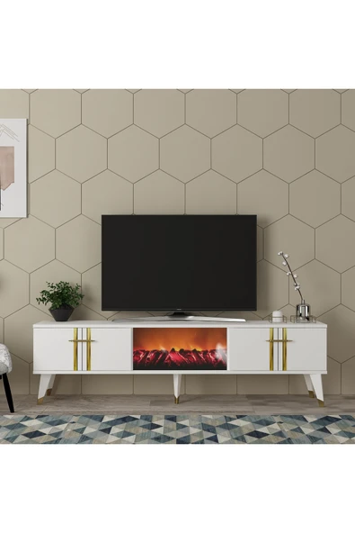 DEMONTE DECOR ASSEL  ŞÖMİNELİ TV SEHPASI (ALT MODÜL) BEYAZ-ALTIN ürün görseli 1