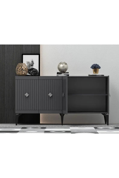 DEMONTE DECOR MİDDAS 180 Cm TV SEHPASI (ALT MODÜL) Ve 4 KAPAKLI KONSOL 2'li SALON TAKIMI ANTRASİT-GÜMÜŞ - Resim 4