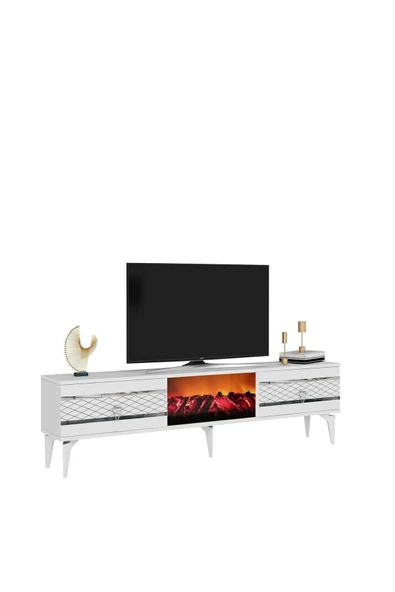 DEMONTE DECOR PELİN TV SEHPASI ŞÖMİNELİ BEYAZ-GÜMÜŞ - Resim 4