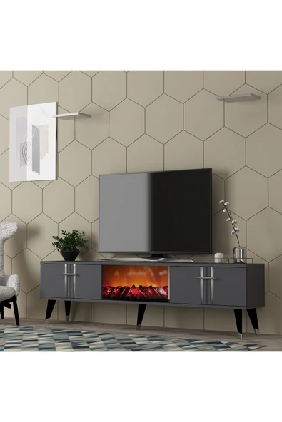 DEMONTE DECOR ASSEL  ŞÖMİNELİ TV SEHPASI (ALT MODÜL) ANTRASİT-GÜMÜŞ - Resim 3