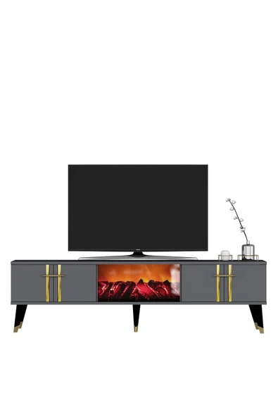 DEMONTE DECOR ASSEL  ŞÖMİNELİ TV SEHPASI (ALT MODÜL) ANTRASİT-ALTIN - Resim 3