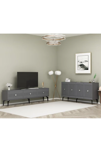 DEMONTE DECOR MİDDAS 180 Cm TV SEHPASI (ALT MODÜL) Ve 4 KAPAKLI KONSOL 2'li SALON TAKIMI ANTRASİT-GÜMÜŞ - Resim 2