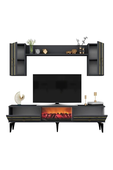 DEMONTE DECOR PELİN TV ÜNİTESİ TAKIMI ŞÖMİNELİ ANTRASİT-ALTIN - 5