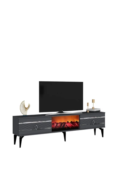 DEMONTE DECOR PELİN TV SEHPASI ŞÖMİNELİ ANTRASİT-GÜMÜŞ - Resim 4